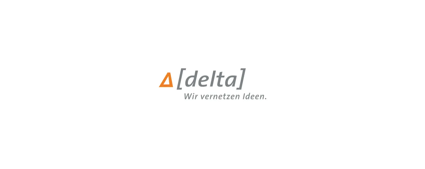 Logo der delta GmbH, darunter der Schriftzug "Wir vernetzen Ideen"