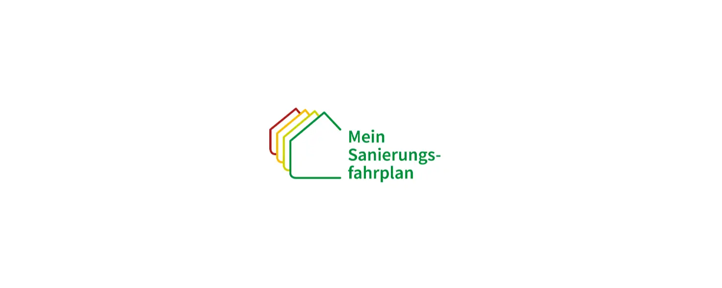 Logo von "Mein Sanierungsfahrplan", vier Häuser-Silhouetten nebeneinander in verschiedenen Farben