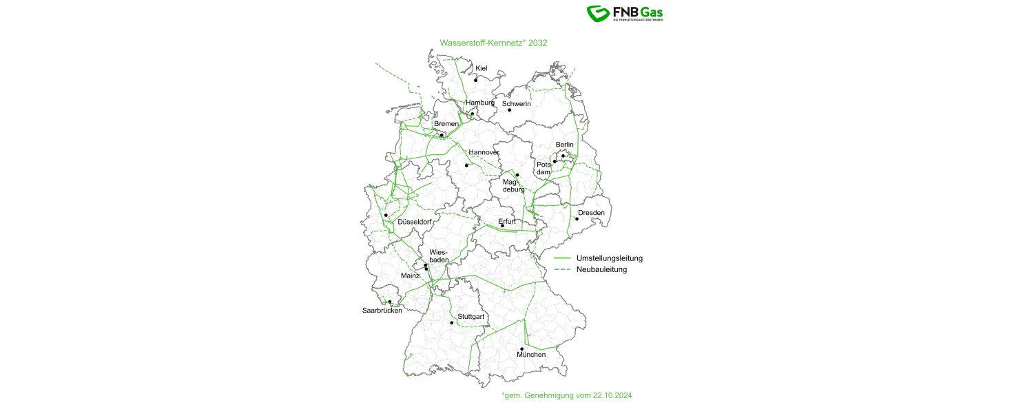 Deutschlandkarte zeigt den Verlauf des geplanten Wasserstoff-Kernnetzes.