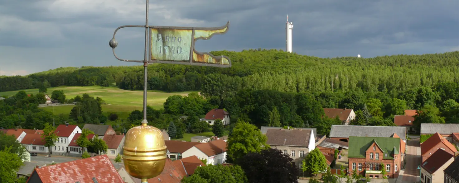 Der Wetterhahn auf einem Dach in der Stadt Rhinow im Havelland 