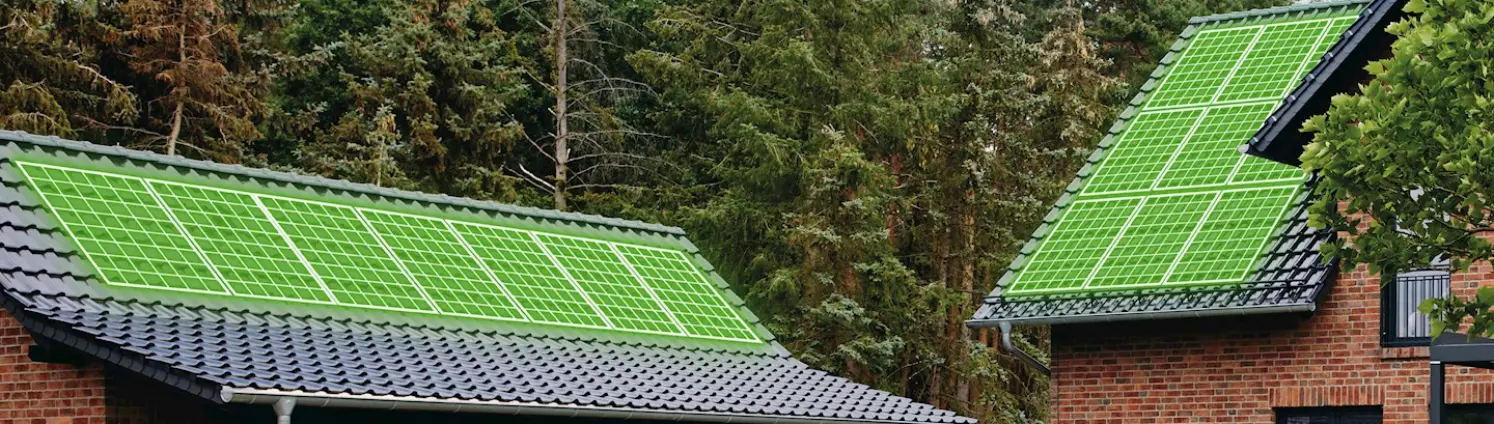 Ein Haus mit Photovoltaikanlage aus grünen Linien auf dem Dach